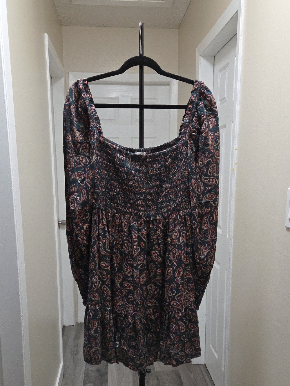 NWT APRICOT Black Paisley Long Sleeve Smocked Mini Dress